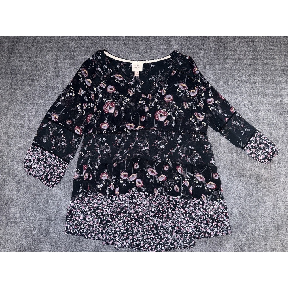 Knox Rose Floral Boho Blouse Navy Pink Tiered Top Medium cottagecore